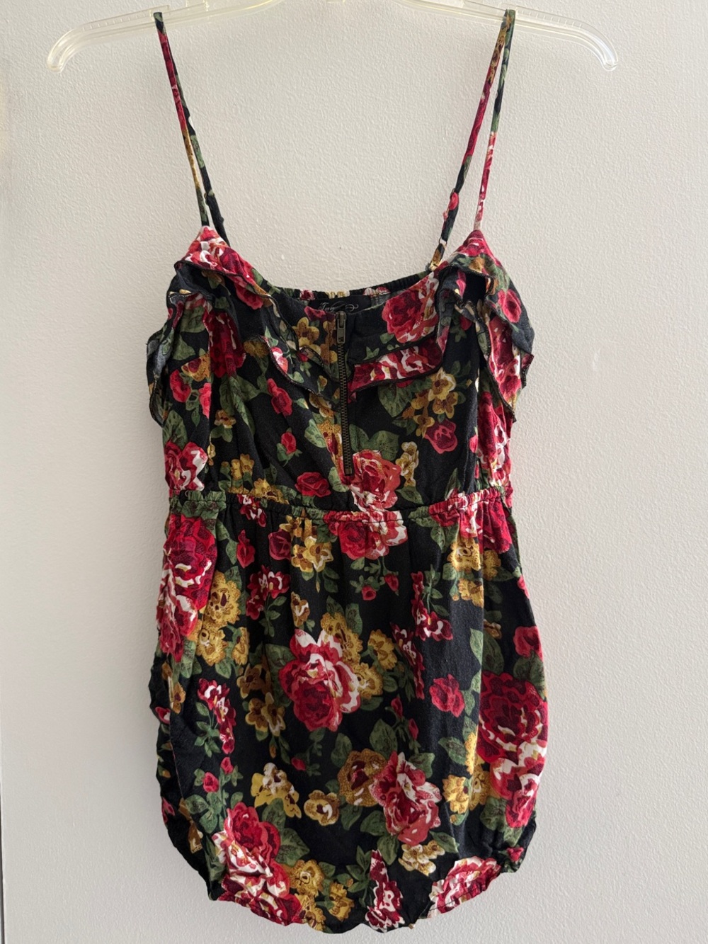 Forever 21 Black Floral Ruffle Cami with Red & Yellow Blooms